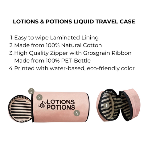 Bag-all Lotions & Potions Liquid Travel Case in blush pink featuring eco-friendly cotton material, waterproof striped lining, and high-quality zipper closure for organized toiletry storage and travel convenience