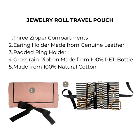Bag-all Couture Jewelry Roll Medium in blush pink with striped lining, featuring three zipper compartments, leather earring holder, padded ring section, and eco-friendly cotton construction