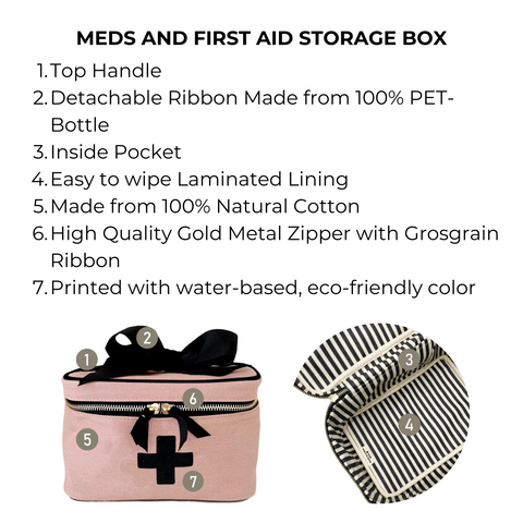 Bag-all Pink Meds and First Aid Storage Box featuring eco-cotton material, black cross design, gold zipper, top handle, and striped interior lining for organized medical storage and travel