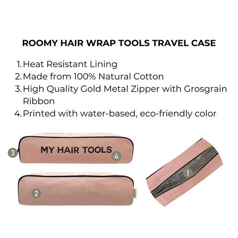 Bag-all Roomy Hair Wrap Tools Travel Case in pink blush with heat-resistant lining, gold zipper, and eco-friendly cotton construction, perfect for storing Airwrap and styling tools