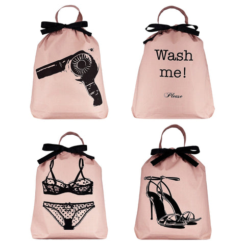Bag-all Women's Travel Set 4-pack in pink featuring organized travel bags with black bow accents: hair dryer, wash me, lingerie, and high heel shoe designs printed in black on blush cotton