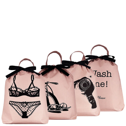 Bag-all Women's Travel Set 4-pack in Pink featuring organized travel bags for lingerie, shoes, hairdryer, and laundry with black bow ties and stylish graphic prints