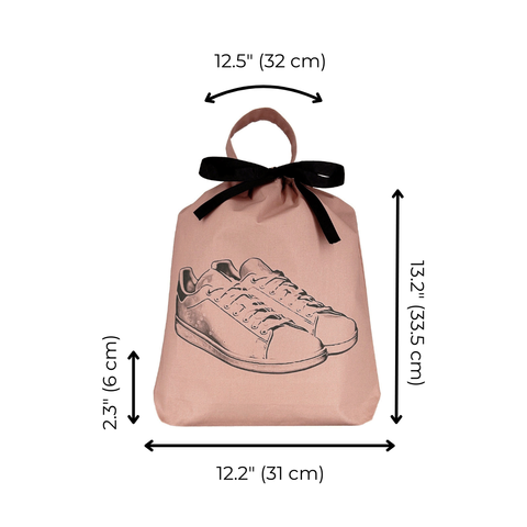 Bag-all Tennis Sneaker Shoe Bag in pink cotton with gray sneaker print, black drawstring closure, featuring measurements 32x31x6cm and carry handle for convenient storage