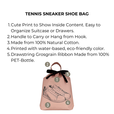 Bag-all Tennis Sneaker Shoe Bag in pink cotton with gray sneaker print, featuring recycled drawstring closure and carry handle. Perfect for protecting and organizing tennis shoes.