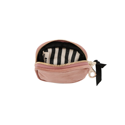 Bag-all Pink Velvet Earbud Case with gold zipper and clasp, featuring striped interior lining, compact design for AirPods protection and organization