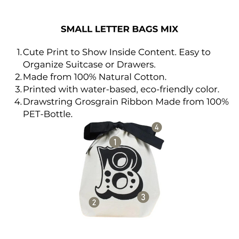 Bag-all Small Letter Bags Mix in cream cotton with decorative 'B' print, eco-friendly ink, and recycled PET ribbon drawstring for organized storage and travel