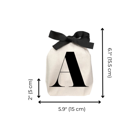 Bag-all Small Letter Bags Classic in cream with black monogram A and bow, featuring cotton fabric with dimensions 15x15 cm, perfect for organizing small essentials