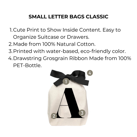 Bag-all Small Letter Bags Classic in cream cotton with black 'A' print, eco-friendly drawstring pouch featuring recycled ribbon. Perfect storage solution for organizing small items.