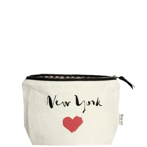 Bag-all New York Heart Pouch in cream canvas with handprinted design, striped interior lining and metal zipper, perfect for organizing essentials