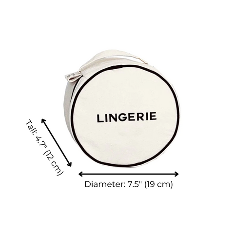 Bag-all Round Lingerie Case in cream color with black text, circular design measuring 7.5 inches, featuring dual zipper pulls for easy access during travel