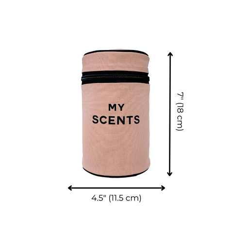 Bag-all Round My Scents Case in pink blush with black zipper, cylindrical perfume organizer measuring 7 inches tall and 4.5 inches wide