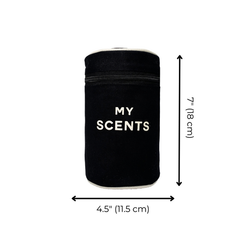 Bag-all Round My Scents Case in Black, cylindrical organizer for perfumes, featuring protective laminated lining and secure rubber bands, measures 7" x 4.5