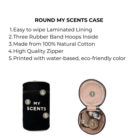 Bag-all Round My Scents Case in black cotton with laminated lining, rubber bands and zipper closure, perfect for organizing perfumes and fragrances safely and stylishly