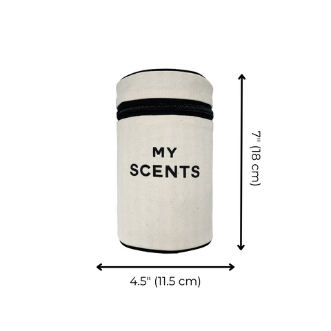 Bag-all Round My Scents Case in cream, cylindrical storage organizer with black zipper and text, measures 7 inches tall by 4.5 inches wide, perfect for perfume bottles