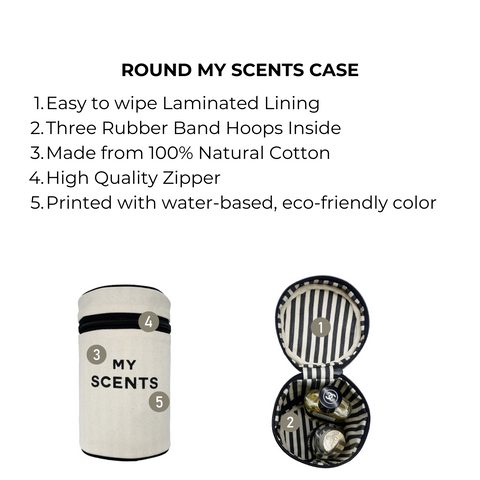 Bag-all Round My Scents Case in cream featuring laminated lining, rubber band hoops, natural cotton construction, and eco-friendly stripes. Perfect for organizing perfumes and fragrances.