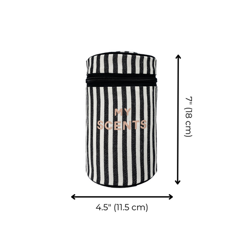 Bag-all Round My Scents Case in black and white stripes, featuring rose gold text, cylindrical organizer for perfumes with waterproof lining, 7 inches tall