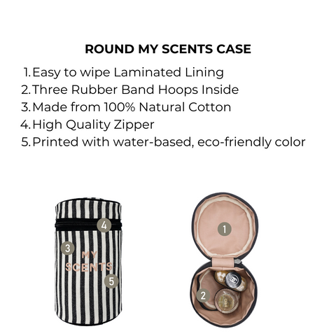 Bag-all Round My Scents Case in black and white stripes with laminated interior, rubber bands, and eco-friendly cotton construction. Features secure zipper closure and perfume organization system.