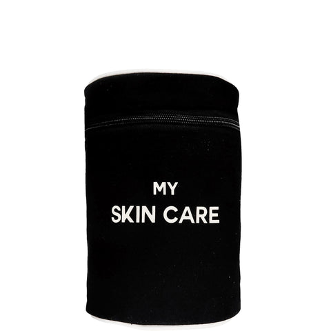 Bag-all Round My Skin Care Case in black canvas with white text, featuring waterproof lining and internal organizing pockets for beauty products and toiletries
