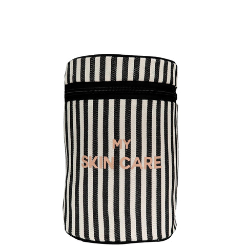 Bag-all Essential Gift Set Deal 3-Pack Striped featuring round cotton skincare case with black and white stripes and rose gold text, perfect for beauty organization