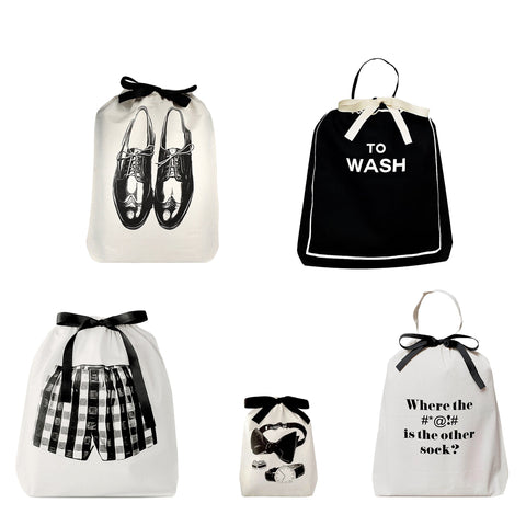 Bag-all Travel Light 5-pack for Him - Stylish cotton organizing bags featuring shoe, laundry, underwear, sock, and missing sock designs in classic black and white with bow accents
