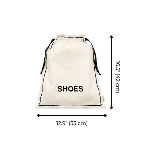 Bag-all Couture Shoe Travel Bag in cream canvas with black contrast text and drawstring closure, measuring 16.5 x 12.9 inches for organized footwear storage