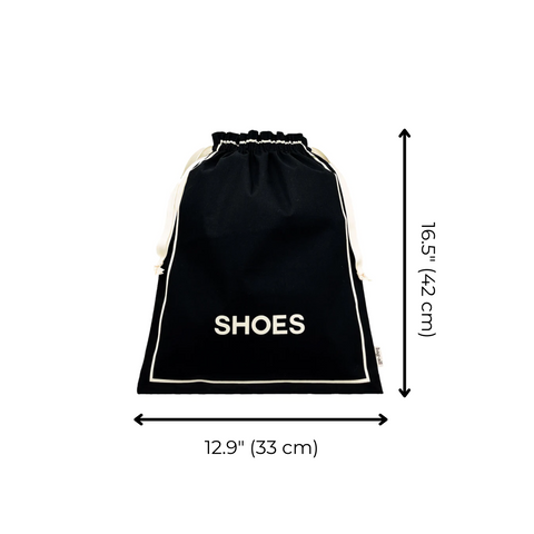 Bag-all Couture Shoe Travel Bag in classic black cotton with white SHOES text and trim, measuring 16.5x12.9 inches, perfect for organized footwear storage and travel