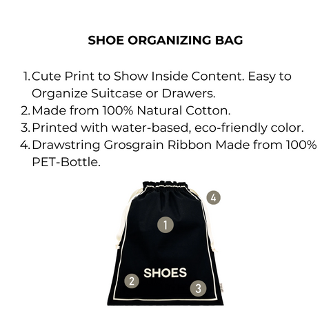 Bag-all Couture Shoe Travel Bag in black cotton with eco-friendly print, featuring drawstring closure and "SHOES" text design. Perfect for organized travel and storage.