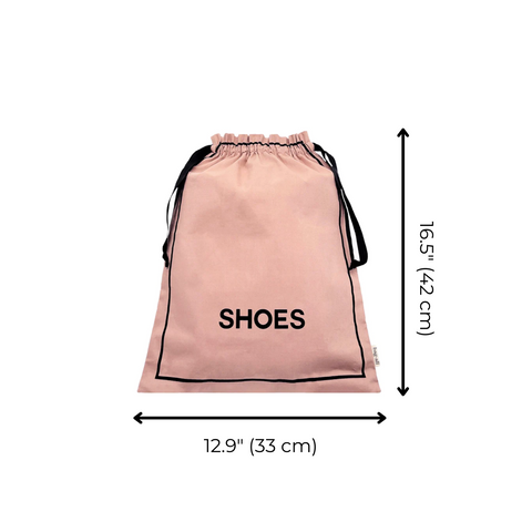 Bag-all Couture Shoe Travel Bag in pink/blush with black trim, featuring "SHOES" text, drawstring closure, measuring 16.5" x 12.9" (42x33cm), perfect for organized footwear storage
