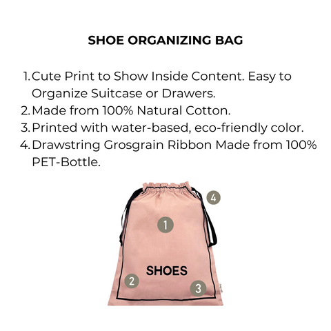 Bag-all Couture Shoe Travel Bag in blush pink cotton with eco-friendly print, drawstring closure, perfect for organizing shoes in suitcases and closets