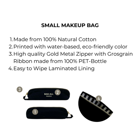 Bag-all Small Makeup Bag in Black - Cotton cosmetic pouch with gold zipper, eco-friendly materials, and laminated lining for easy cleaning. Perfect for organized travel and daily use.