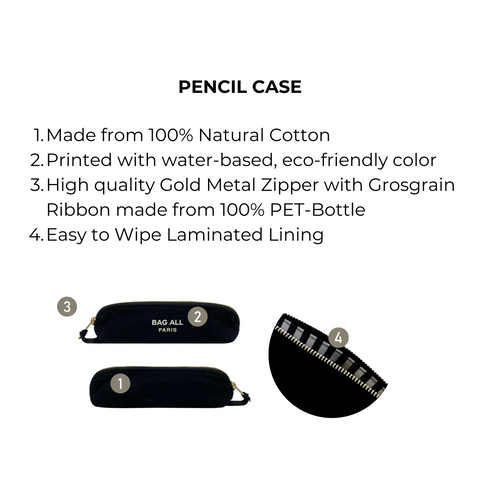 Bag-all Black Pencil Case with eco-friendly cotton construction, gold metal zipper, and wipe-clean lining. Sleek design perfect for organizing stationery and office supplies.
