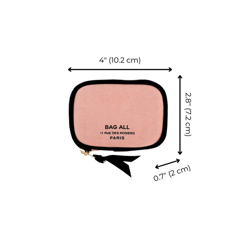 Bag-all Small Wallet Pink/Blush with Black Piping - compact cotton canvas wallet with gold zipper detail, measuring 4x2.8x0.7 inches, featuring Paris branding and sleek black trim