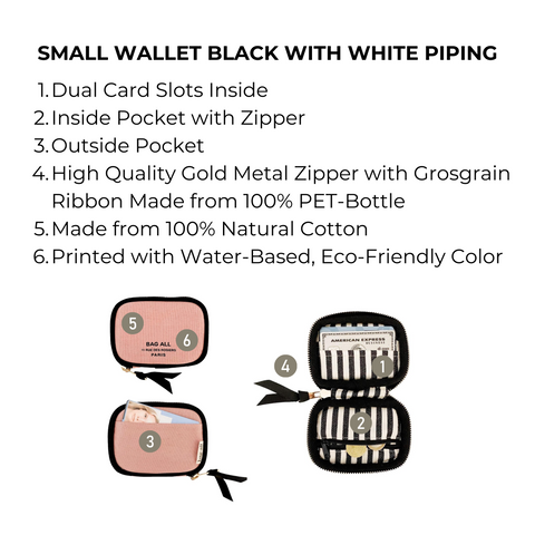 Bag-all Small Wallet Pink/Blush with Black Piping featuring dual card slots, eco-friendly cotton canvas, gold metal zipper, and multiple pockets for organized storage, perfect for everyday essentials