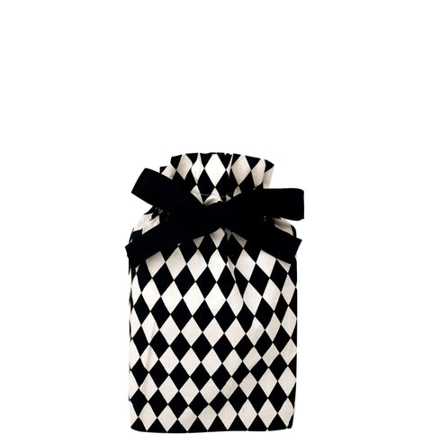 Bag-all Gift Bag Diamond Small: Eco-friendly reusable fabric gift bag with classic black and white diamond pattern and elegant black bow, perfect for sustainable gift wrapping