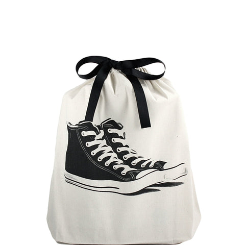 Bag-all Cream Sneakers Shoe Bag featuring black high-top sneaker print, drawstring closure with black ribbon, perfect for storage and travel organization