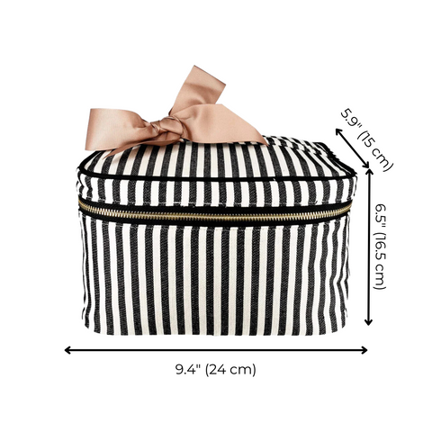 Bag-all Medium Box Makeup & Toiletry in classic black and white stripes with blush pink bow, gold zipper detail, perfect for beauty storage and travel organization