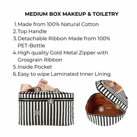 Bag-all Medium Box Makeup & Toiletry features black and white stripes, natural cotton construction, gold zipper, laminated interior, and detachable recycled ribbon handle for stylish organization