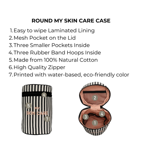 Bag-all Round My Skin Care Case, Striped - Cylindrical cotton organizer with laminated interior, mesh lid pocket, and rubber bands for secure skincare storage. Black and white stripes with pink lining.