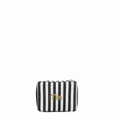 Bag-all Striped Jewelry Box with gold zipper - compact travel trinket organizer in black and white stripes for accessories storage