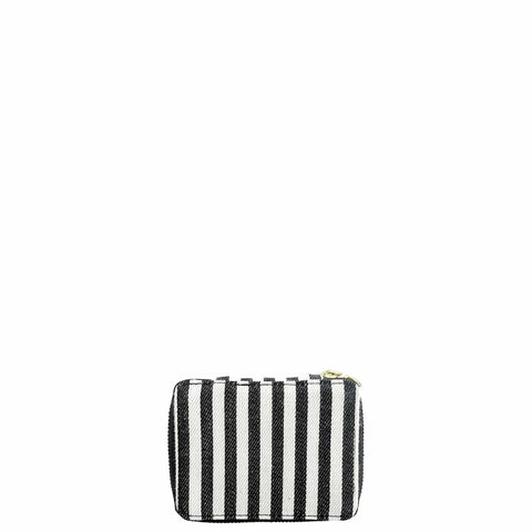 Bag-all Striped Jewelry Box featuring black and white stripes, gold zipper closure, compact size for travel and organization, perfect for storing small accessories