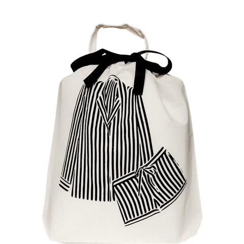 Bag-all Striped Pajamas Travel Bag in cream with black bow featuring illustrated black and white striped pajama set design - perfect for organized travel and storage