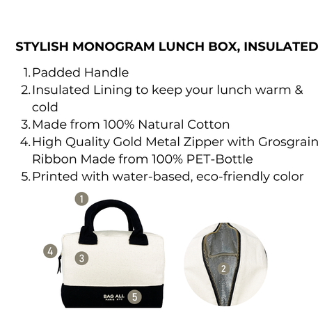 Bag-all Stylish Monogram Lunch Box in cream with black handles, insulated cotton interior, eco-friendly design featuring gold zipper and sustainable materials. Perfect for carrying meals.