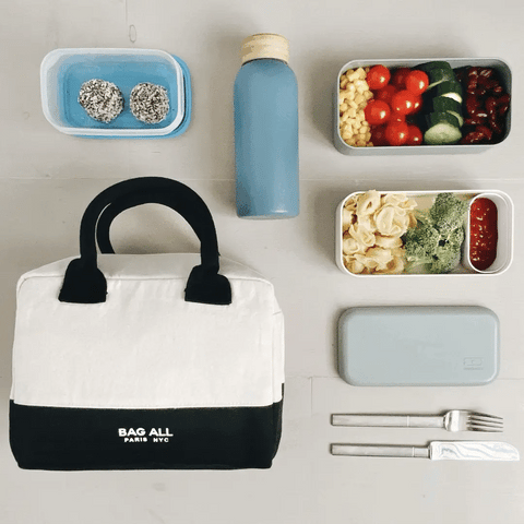 Bag-all Stylish Monogram Lunch Box in cream and black with healthy meal prep containers, reusable water bottle, and cutlery set - perfect insulated carrier for fresh meals