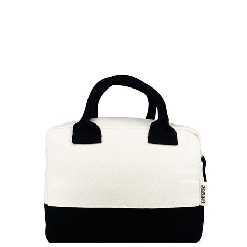 Bag-all Stylish Monogram Lunch Box in cream and black colorblock design with padded handles, insulated interior for temperature control, perfect for personalization