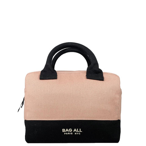 Bag-all Stylish Monogram Lunch Box in pink/blush with black accents, featuring insulated design, padded handles and monogram option, perfect for on-the-go meals