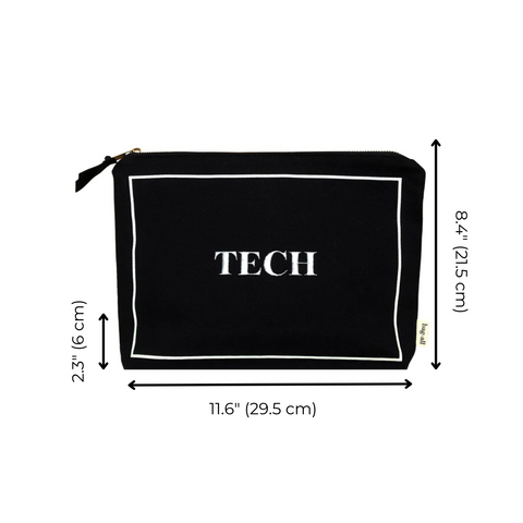 Bag-all Black Tech Pouch with white border design - Stylish organizer case for gadgets and chargers, featuring laminated interior and zip closure, measuring 11.6 x 8.4 inches