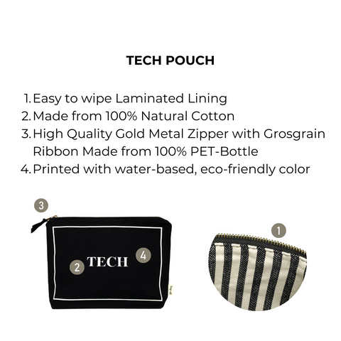 Bag-all Tech Pouch in Black with laminated interior, natural cotton construction, gold zipper and eco-friendly design - perfect organizer for gadgets and chargers while traveling or at home