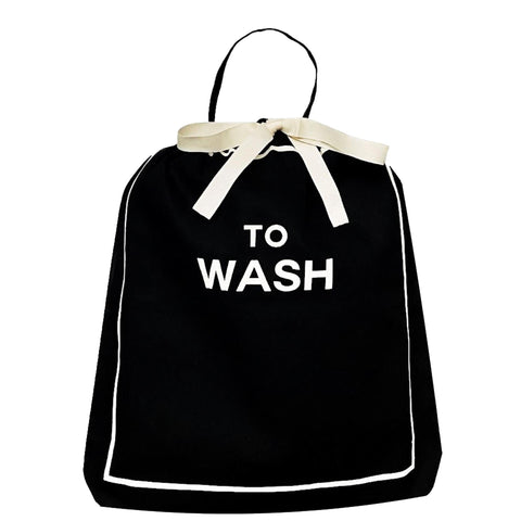 Bag-all To Wash Laundry Bag in black cotton with white drawstring and text, featuring elegant contrast piping and practical design for organizing dirty clothes