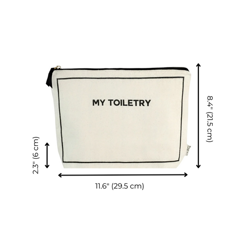 Bag-all cream toiletry pouch with coated lining featuring black trim, dimensions 11.6" x 8.4", water-resistant with "MY TOILETRY" text, perfect for travel organization