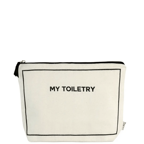 Bag-all cream cotton Toiletry Pouch with coated leak-proof lining featuring "MY TOILETRY" text in black, perfect for organized travel and bathroom storage